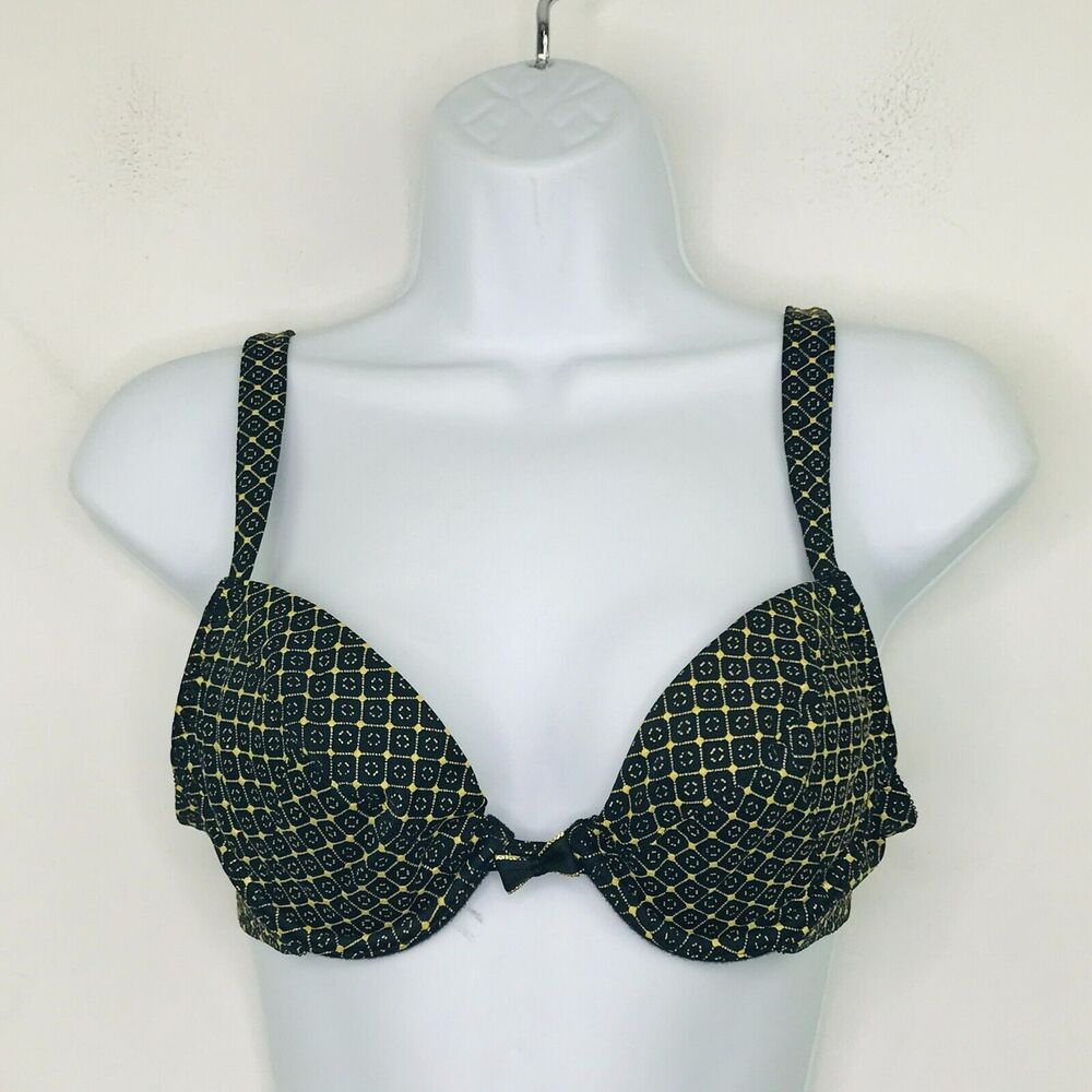 Wonderbra 34B Bra Black Gold Diamond Pattern Plunge Lightly Lined Underwire BJ22